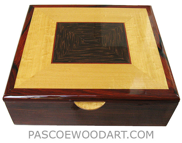 Large handmade wood box - Men's valet box made of cocobolo with Ceylon satinwood and black palm framed top