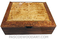 Handmade wood box made of Indian rosewood with maple burl framed in camphor burl