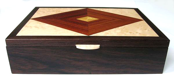 Men's valet box - Handcrafted wood box made from kamagong, east Indian rosewood, bird's eye maple - front view