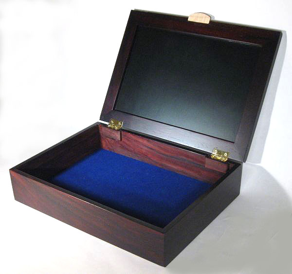 Handmade man's valet box - Wood box made from kamagong wood, East Indian rosewood, bird's eye maple - open view