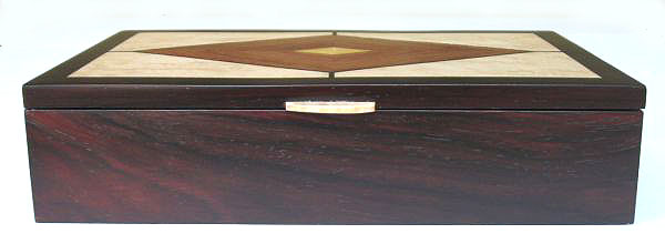 Handmade man's valet box - Wood box made from kamagong wood, East Indian rosewood, bird's eye maple - front view