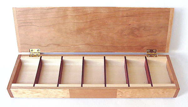 Decorative wood 7 day pill box open view - Handmade wood weekly pill organizer