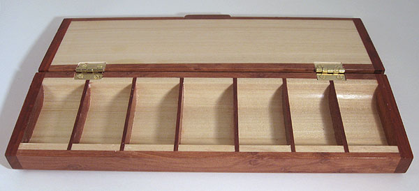 Handmade wood weekly pill organizer with 7 compartments - open view 