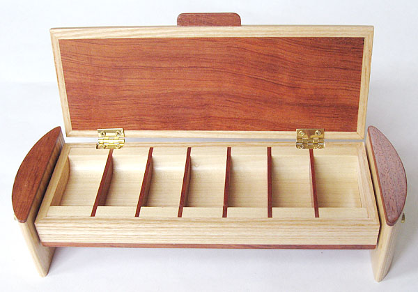 Decorative wood weekly pill organizer open view